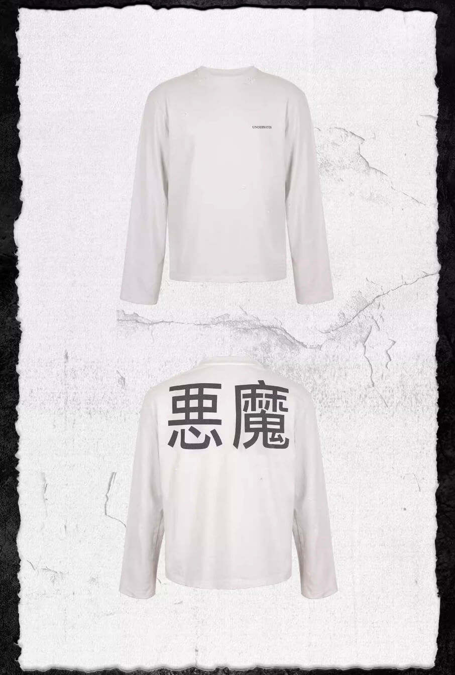 UNDERWATER White Demon Print Distressed Long Sleeve Tee | Face 3 Face