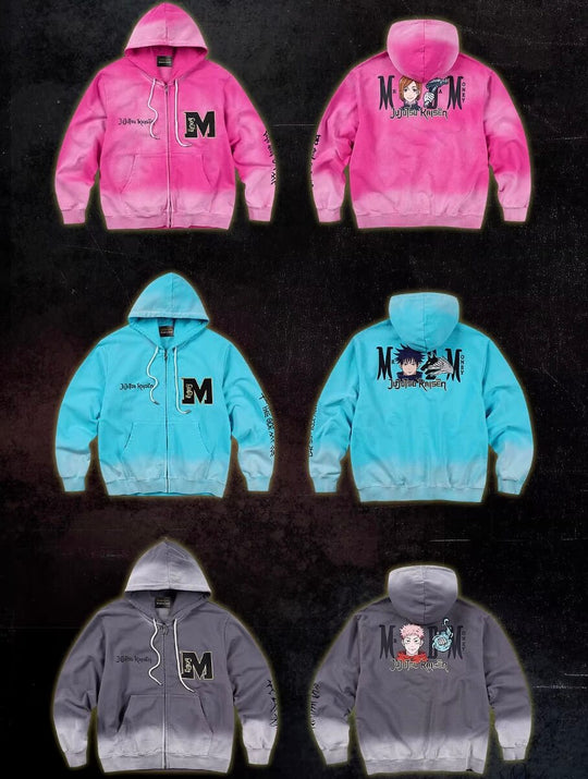 MEDM × Jujutsu Kaisen Washed Character Print Embroidered Zip Up Hoodie | Face 3 Face