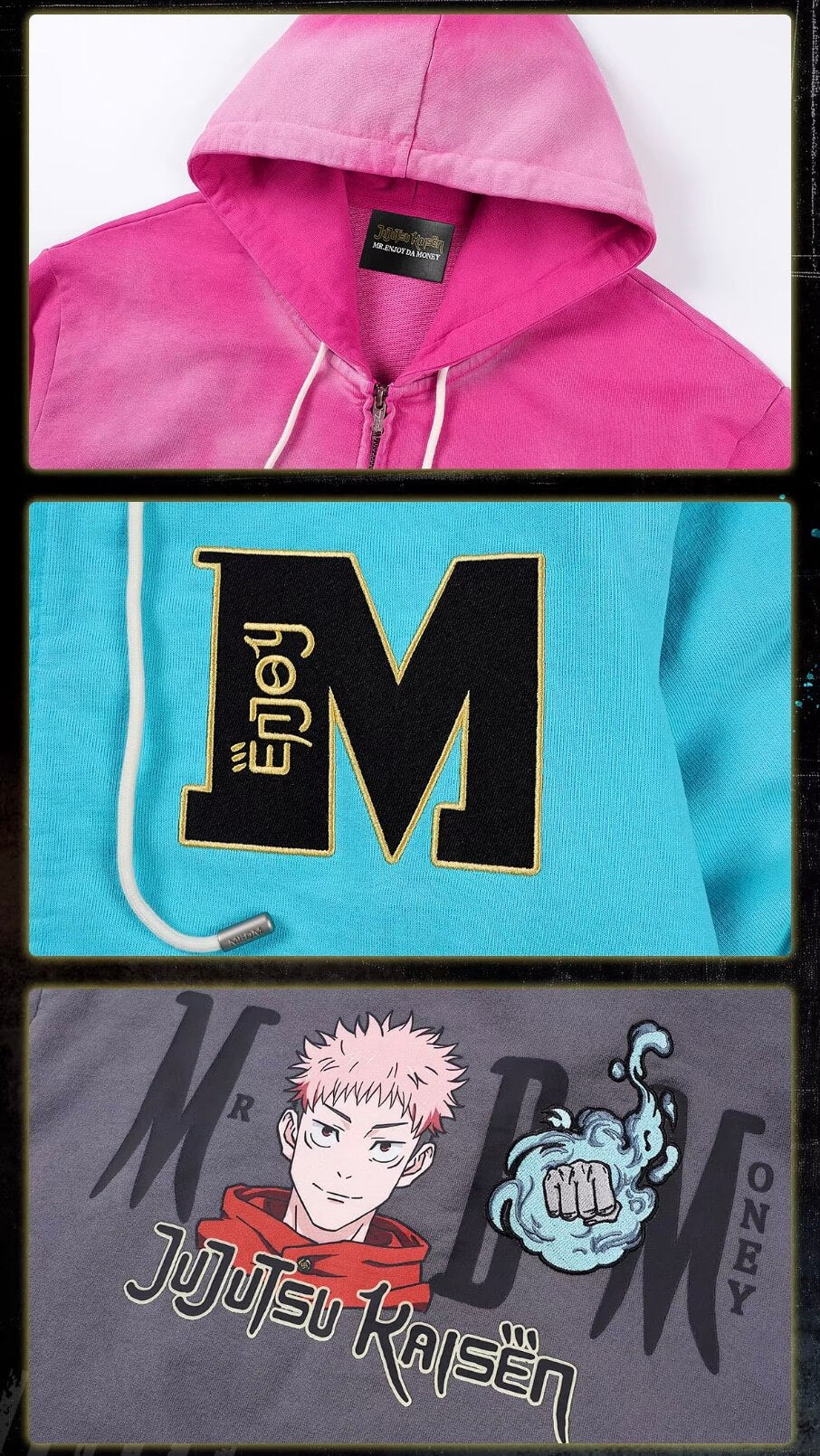 MEDM × Jujutsu Kaisen Washed Character Print Embroidered Zip Up Hoodie | Face 3 Face
