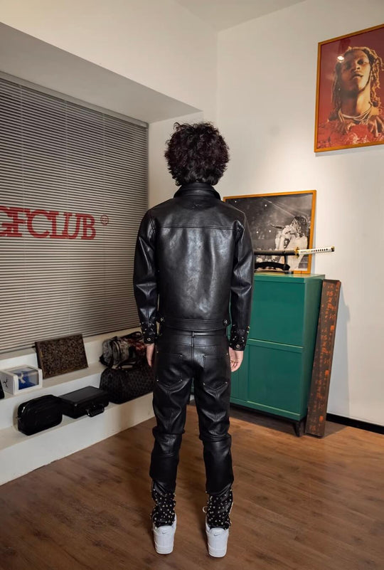 TGFCLUB Embossed Studded Slim Fit PU Leather Biker Jacket | Face 3 Face