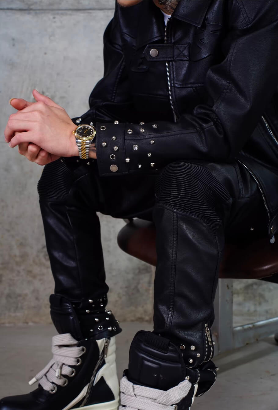 TGFCLUB Embossed Studded Slim Fit PU Leather Biker Jacket | Face 3 Face