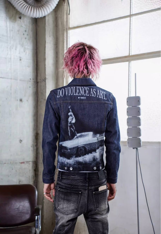 TGFCLUB Portrait Graphic Studded Slim Fit Denim Jacket | Face 3 Face