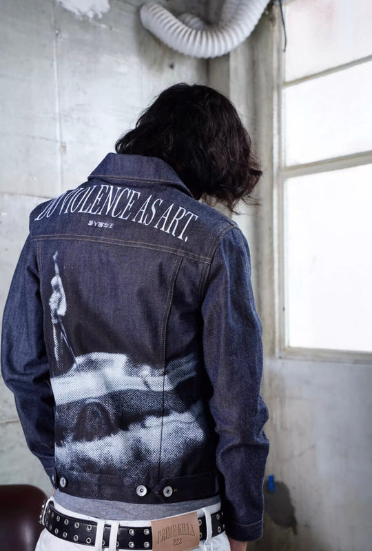 TGFCLUB Portrait Graphic Studded Slim Fit Denim Jacket | Face 3 Face