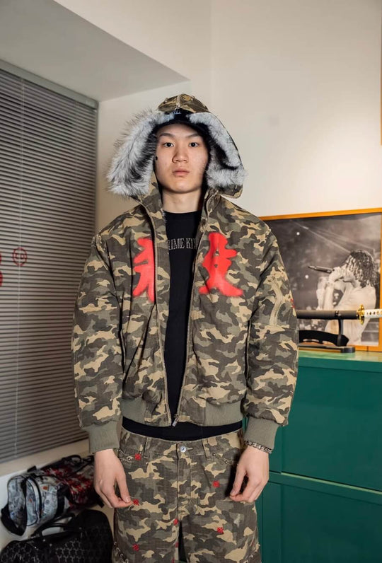 TGFCLUB Washed Camo Studded Faux Fur Hooded Jacket | Face 3 Face