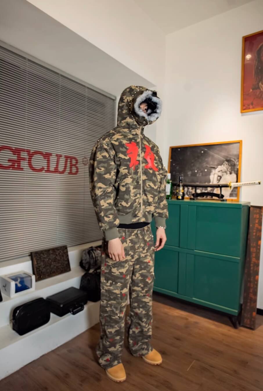 TGFCLUB Washed Camo Studded Faux Fur Hooded Jacket | Face 3 Face