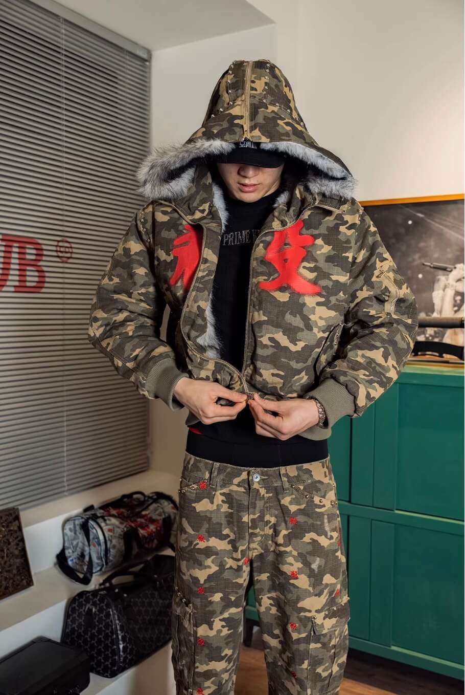 TGFCLUB Washed Camo Studded Faux Fur Hooded Jacket | Face 3 Face