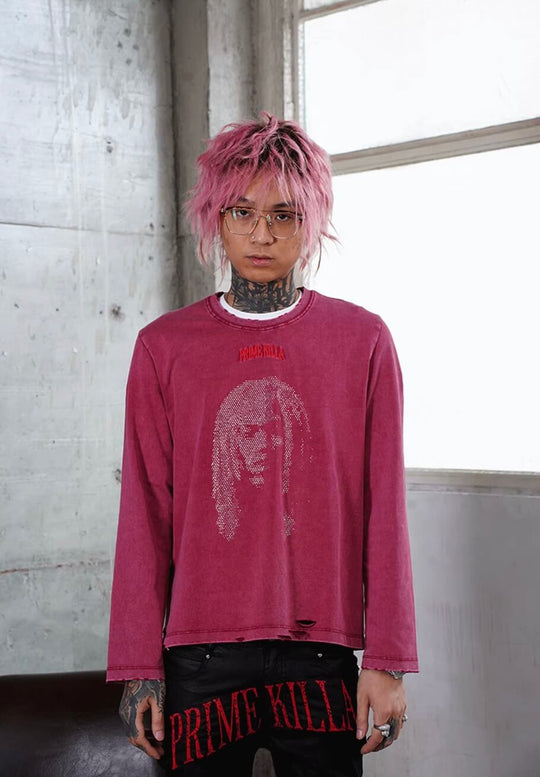 TGFCLUB Rhinestone Portrait Heavy Washed Distressed Long Sleeve Tee | Face 3 Face