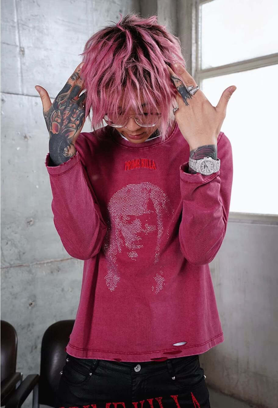 TGFCLUB Rhinestone Portrait Heavy Washed Distressed Long Sleeve Tee | Face 3 Face