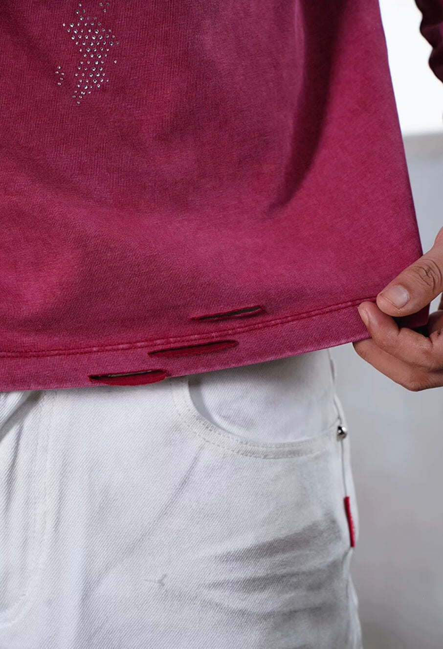 TGFCLUB Rhinestone Portrait Heavy Washed Distressed Long Sleeve Tee | Face 3 Face