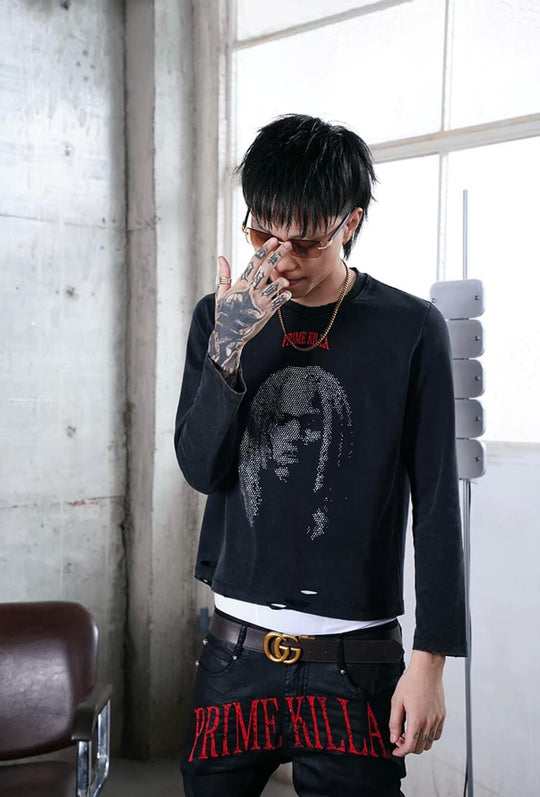 TGFCLUB Rhinestone Portrait Heavy Washed Distressed Long Sleeve Tee | Face 3 Face