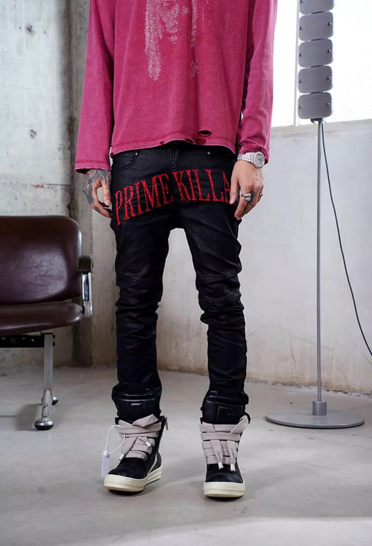 TGFCLUB PRIME KILLA Print Rhinestone Waxed Slim Fit Skinny Jeans | Face 3 Face