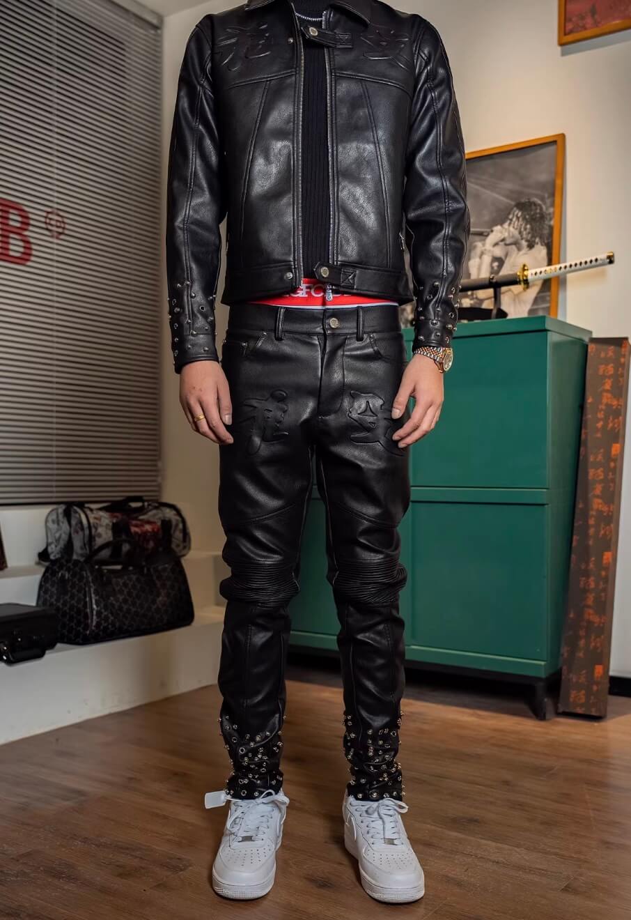 TGFCLUB Embossed Studded Slim Fit PU Leather Pants | Face 3 Face