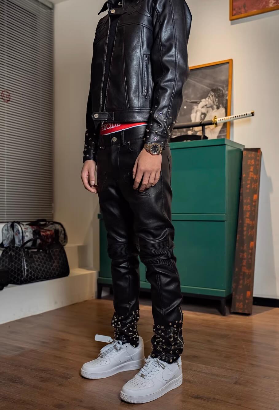 TGFCLUB Embossed Studded Slim Fit PU Leather Pants | Face 3 Face