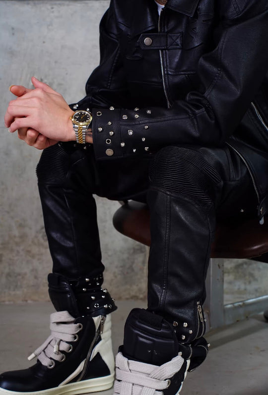 TGFCLUB Embossed Studded Slim Fit PU Leather Pants | Face 3 Face