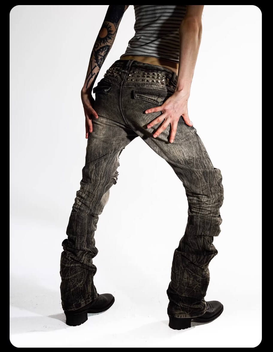 Night Lab Rock Rivet Washed Distressed Curved Slim Fit Jeans | Face 3 Face