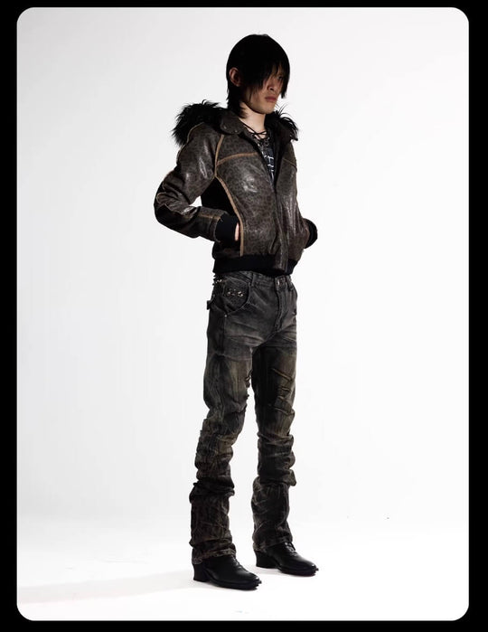 Night Lab Rock Rivet Washed Distressed Curved Slim Fit Jeans | Face 3 Face