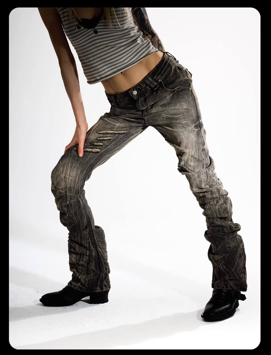 Night Lab Rock Rivet Washed Distressed Curved Slim Fit Jeans | Face 3 Face