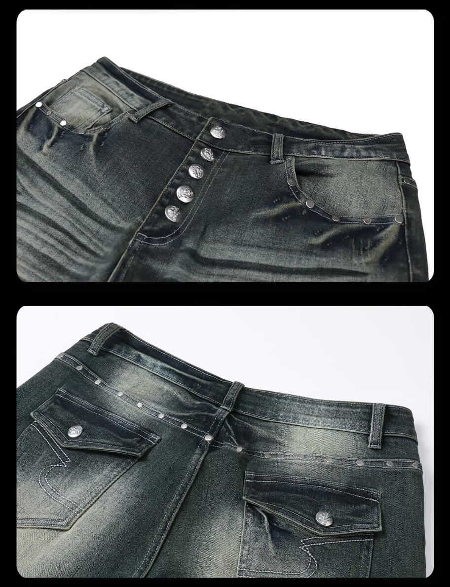 Night Lab Studded Button Fly Whisker Washed Jeans | Face 3 Face