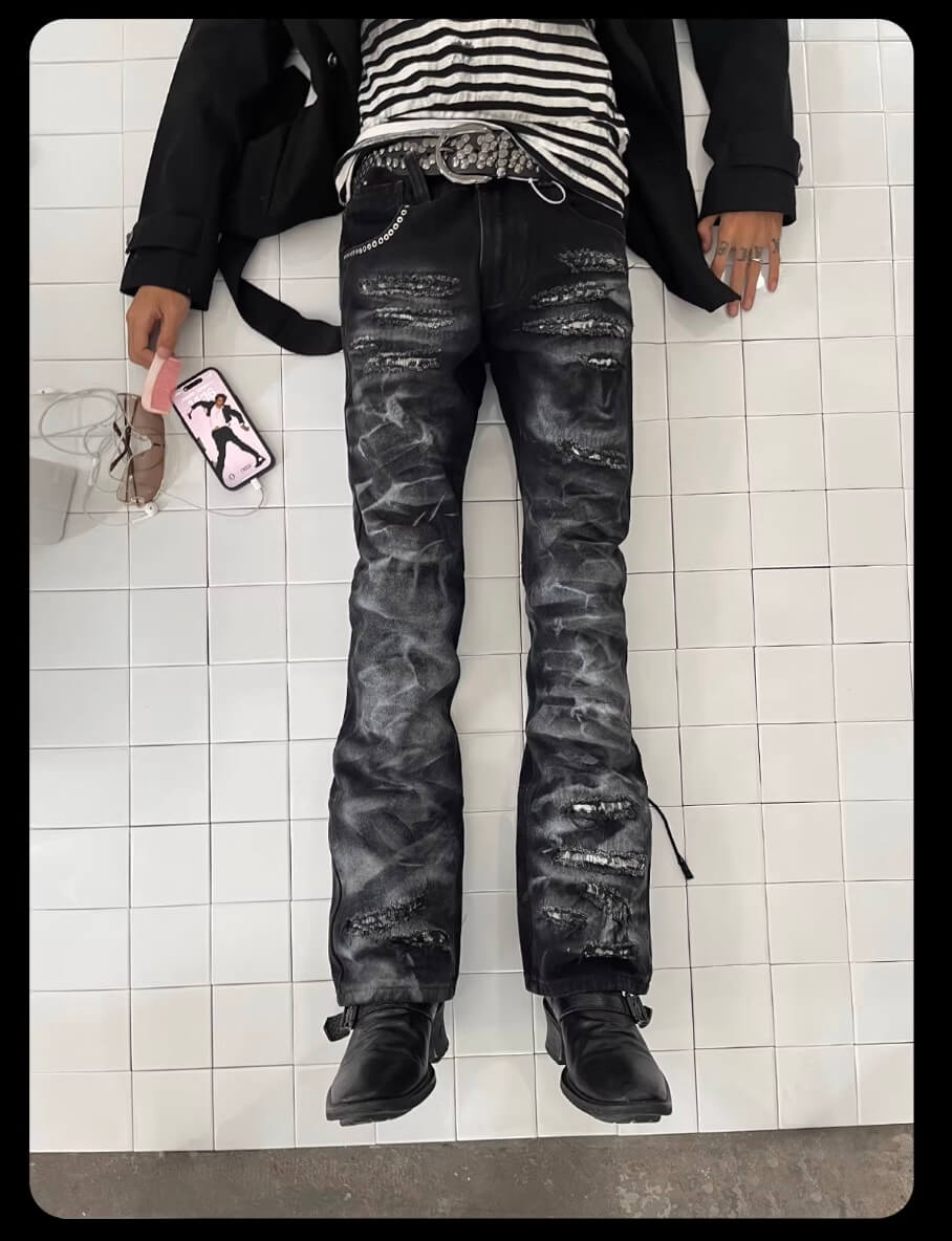 Night Lab Studded Lace Up Heavy Washed Distressed Jeans | Face 3 Face