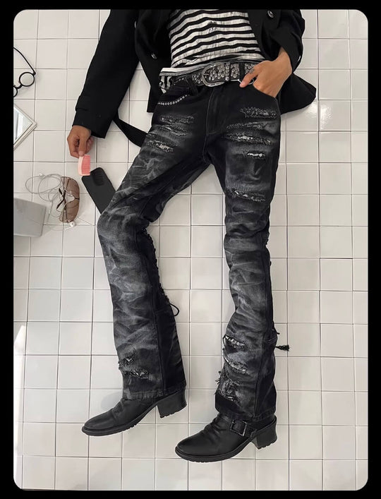 Night Lab Studded Lace Up Heavy Washed Distressed Jeans | Face 3 Face