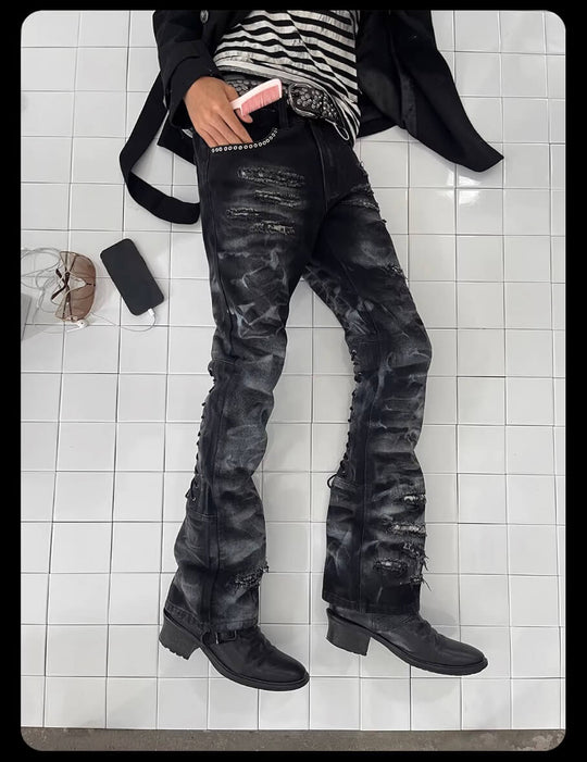 Night Lab Studded Lace Up Heavy Washed Distressed Jeans | Face 3 Face