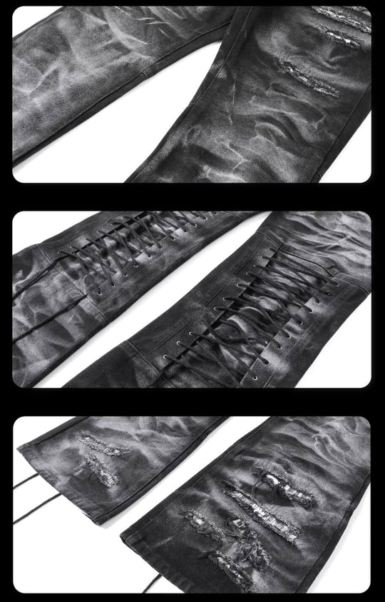 Night Lab Studded Lace Up Heavy Washed Distressed Jeans | Face 3 Face