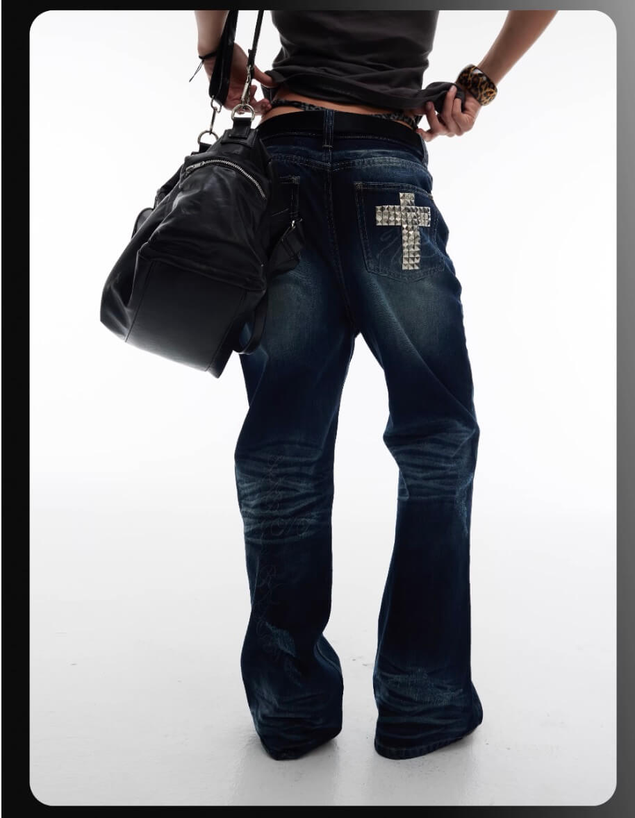 Night Lab Rock Studded Whisker Washed Flared Jeans | Face 3 Face