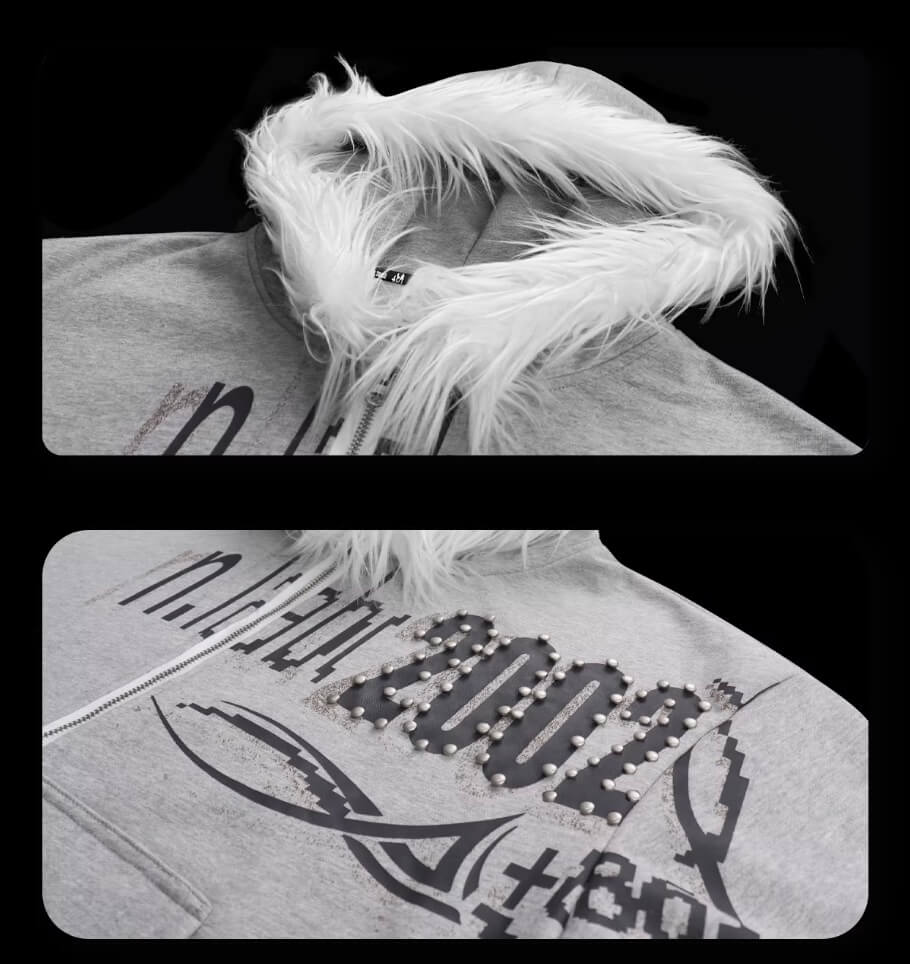 Night Lab Riveted Faux Fur Hood Zip Up Hoodie | Face 3 Face