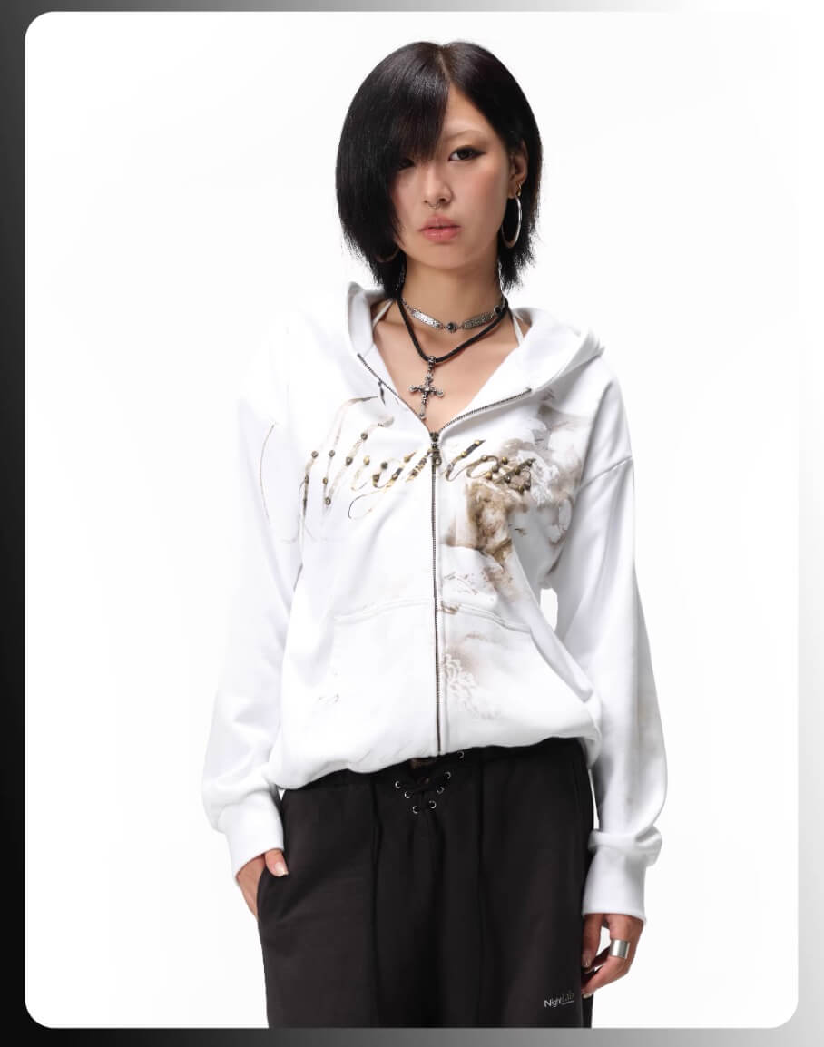 Night Lab Studded Rhinestone Zip Up Hoodie | Face 3 Face