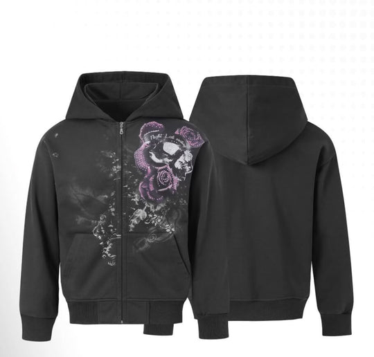 Night Lab Rose Skull Rhinestone Zip Up Hoodie | Face 3 Face