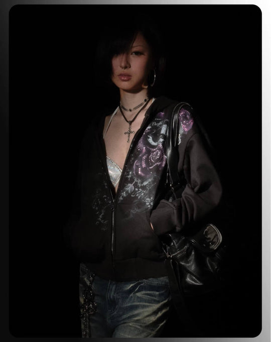 Night Lab Rose Skull Rhinestone Zip Up Hoodie | Face 3 Face