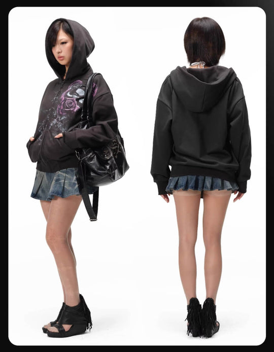 Night Lab Rose Skull Rhinestone Zip Up Hoodie | Face 3 Face