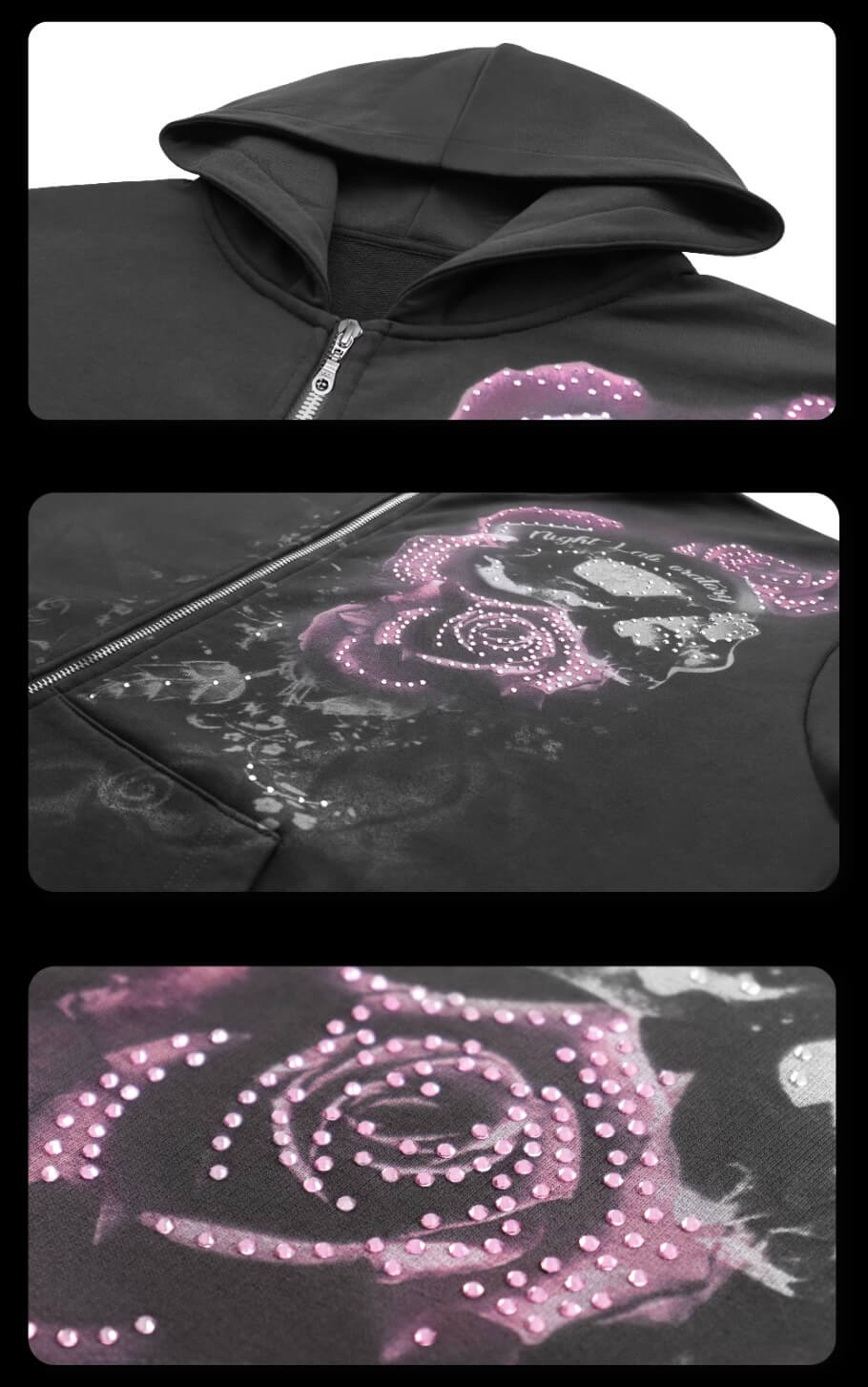 Night Lab Rose Skull Rhinestone Zip Up Hoodie | Face 3 Face
