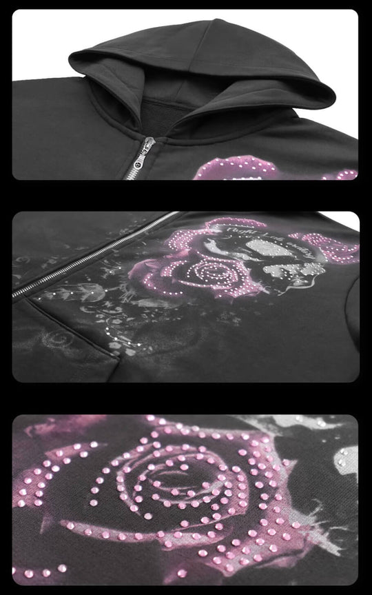 Night Lab Rose Skull Rhinestone Zip Up Hoodie | Face 3 Face