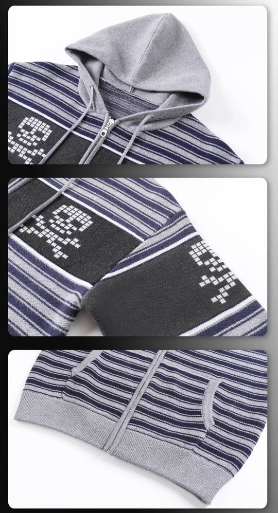 Night Lab Skull Striped Knit Zip Up Hoodie | Face 3 Face