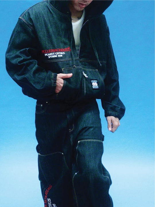 EVETS Embroidered Hooded Denim Jacket | Face 3 Face