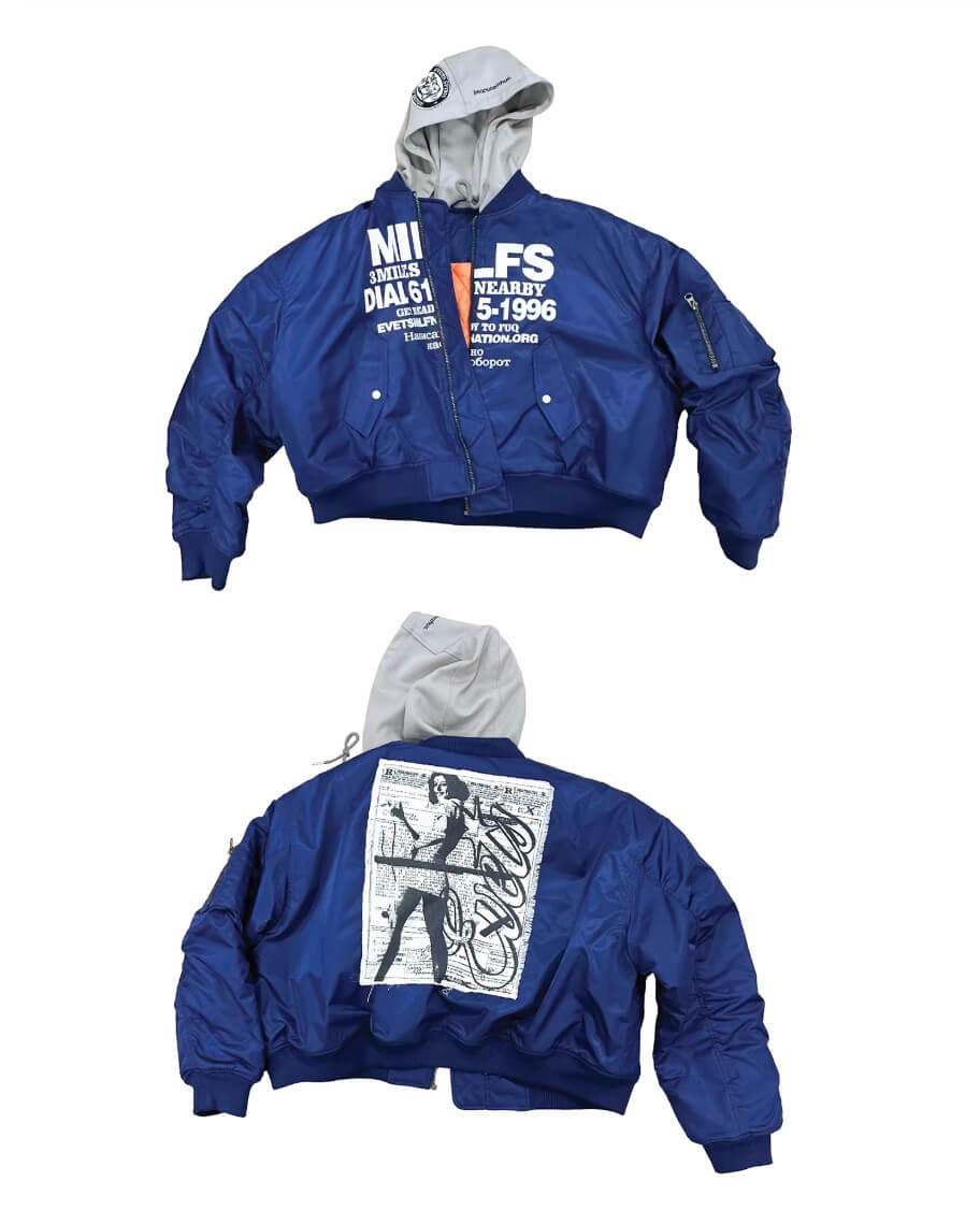 EVETS Blue MA-1 Hooded Bomber Jacket | Face 3 Face