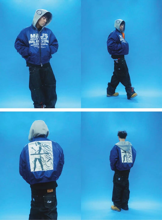EVETS Blue MA-1 Hooded Bomber Jacket | Face 3 Face
