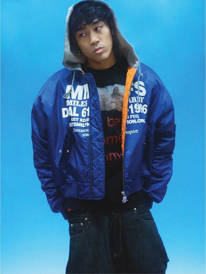 EVETS Blue MA-1 Hooded Bomber Jacket | Face 3 Face