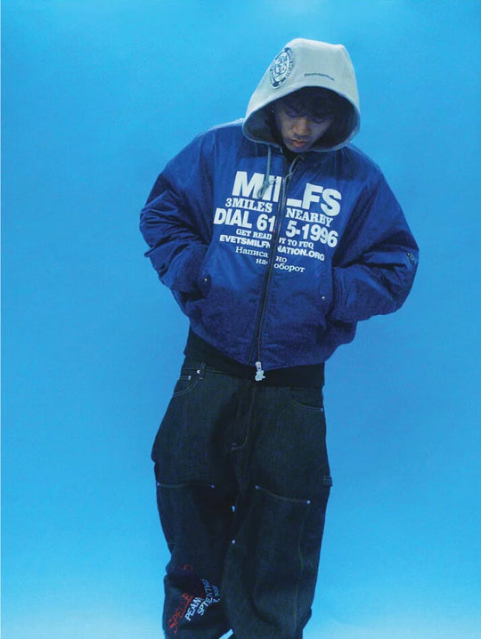 EVETS Blue MA-1 Hooded Bomber Jacket | Face 3 Face