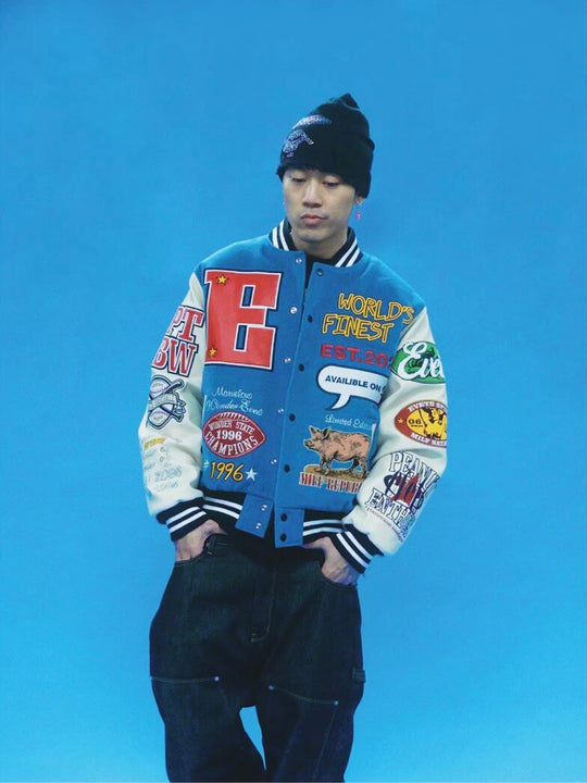 EVETS Embroidered Badge Varsity Jacket | Face 3 Face