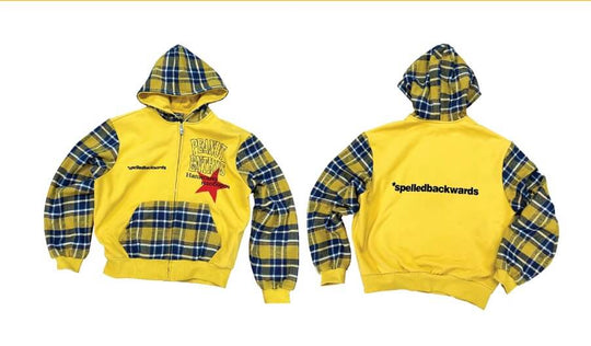 EVETS Contrast Plaid Patchwork Zip Up Hoodie