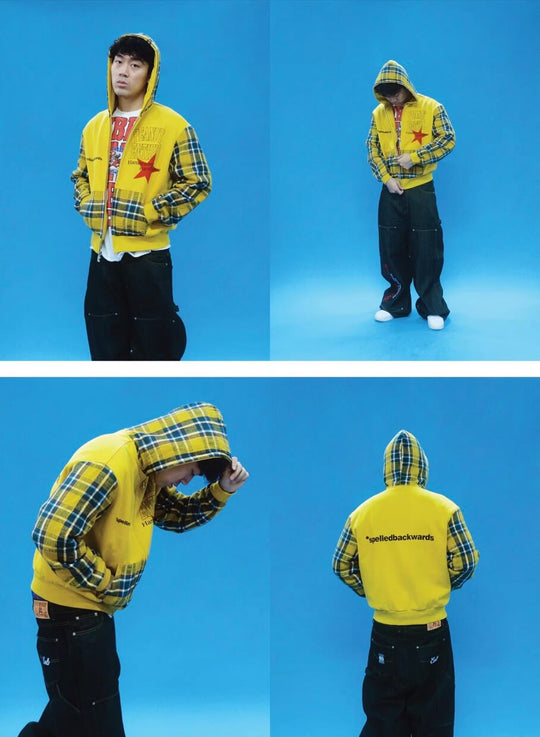 EVETS Contrast Plaid Patchwork Zip Up Hoodie
