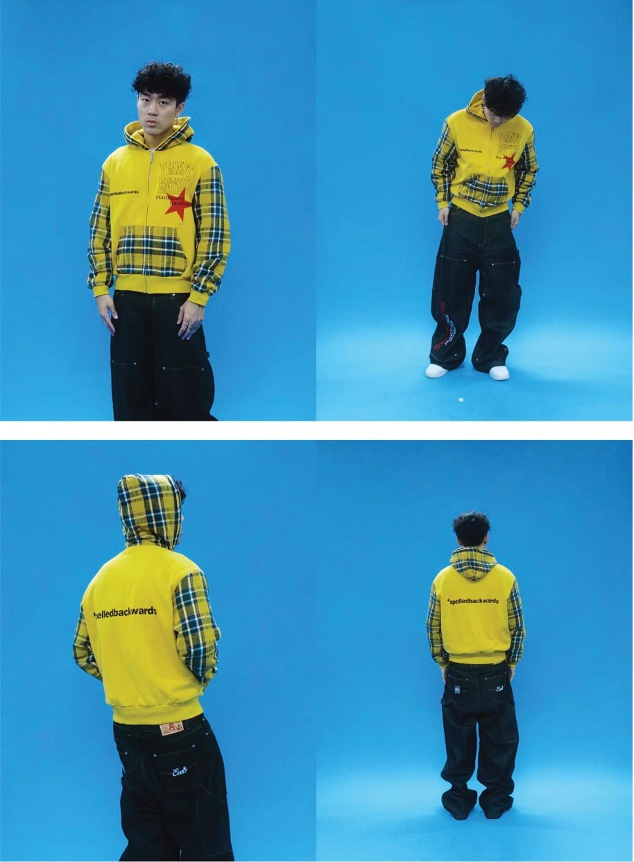 EVETS Contrast Plaid Patchwork Zip Up Hoodie