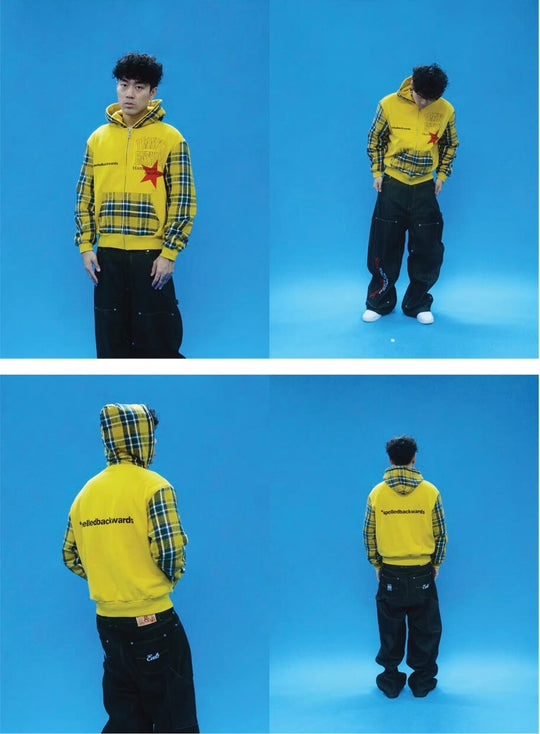 EVETS Contrast Plaid Patchwork Zip Up Hoodie