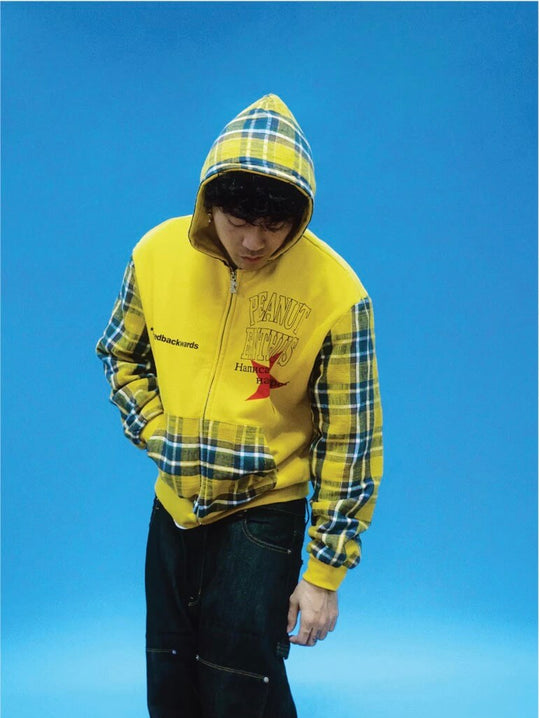 EVETS Contrast Plaid Patchwork Zip Up Hoodie