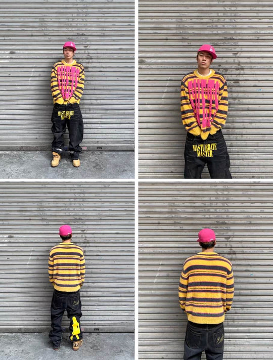 EVETS Logo Striped Fuzzy Knit Sweater | Face 3 Face