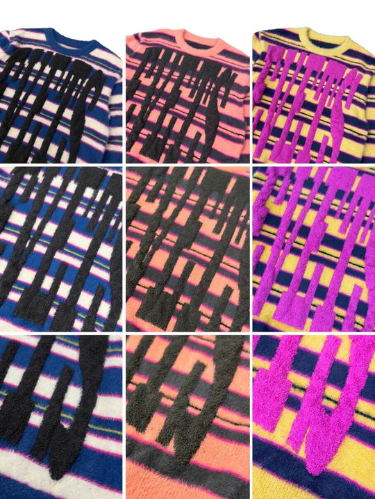 EVETS Logo Striped Fuzzy Knit Sweater | Face 3 Face