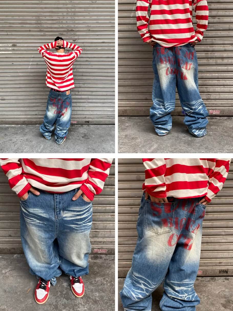 EVETS Dirty Wash Print Baggy Jeans | Face 3 Face