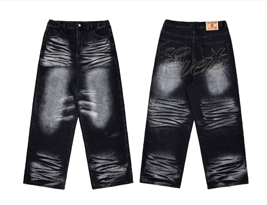 EVETS Whisker Washed Faded Baggy Jeans | Face 3 Face